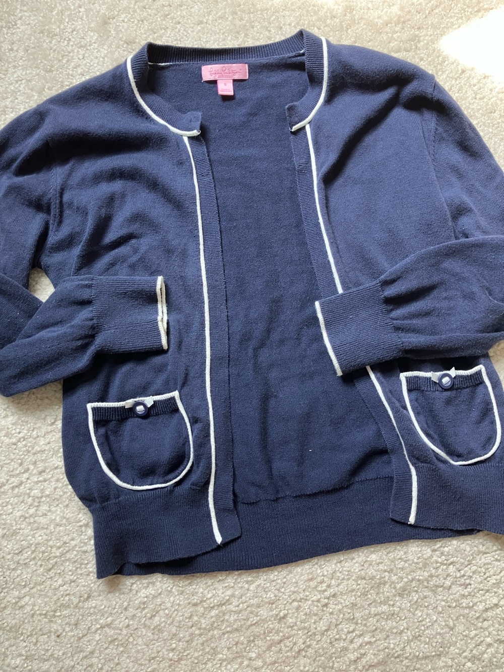 Lilly Pulitzer Navy Open-Front Cardigan with White Trim